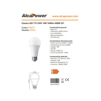 Alca power a60 16w 175-250v 1600lm 4000k e27 lampada classica a led