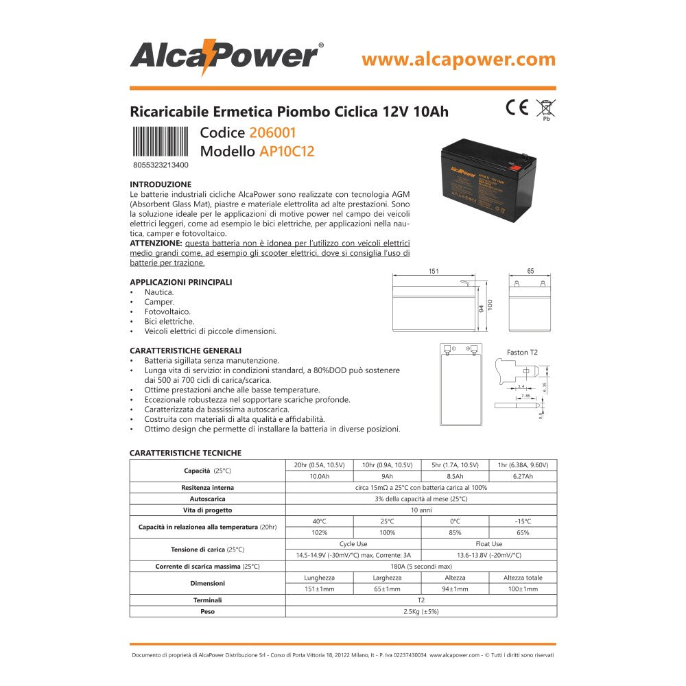Alca power batteria al piombo da 12v 10ah ricaricabile ermetica per ups e illuminazione di emergenza
