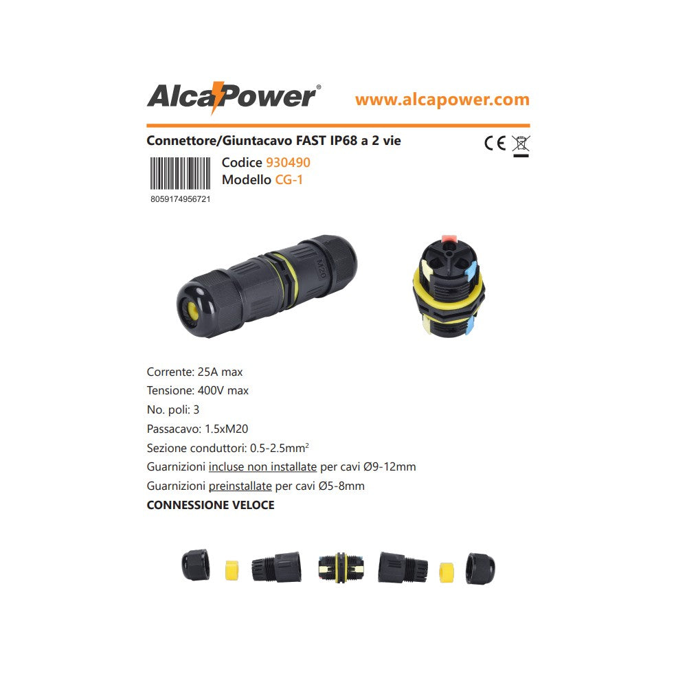 Alca power connettore/giuntacavo fast ip68 a 2 vie