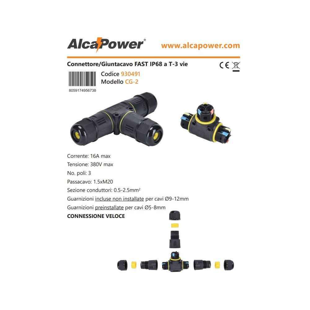 Alca power connettore/giuntacavo fast ip68 a t-3 vie