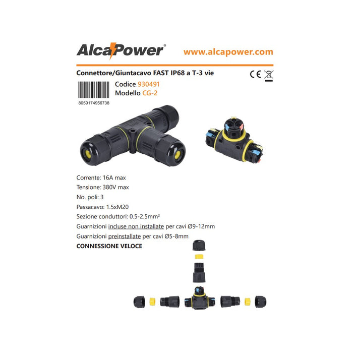 Alca power connettore/giuntacavo fast ip68 a t-3 vie