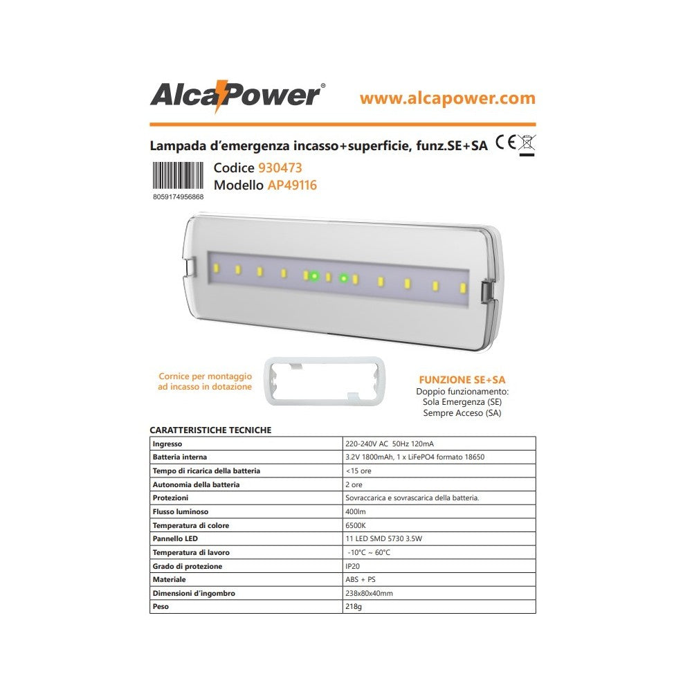Alca power lampada d' emergenza da incasso/superficie 6500k 400lm se+sa ap49116