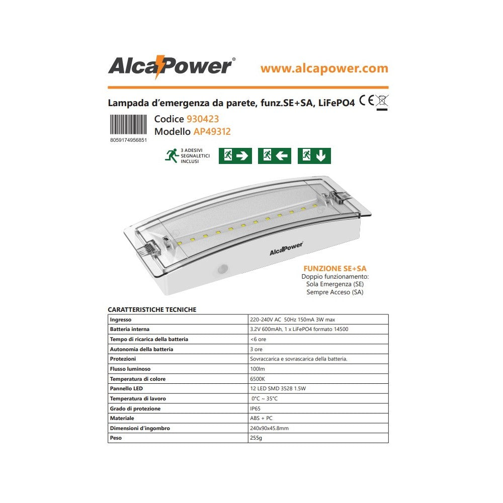 Alca power lampada d' emergenza da parete 6500k 100lm se+sa, lifepo4, ip65