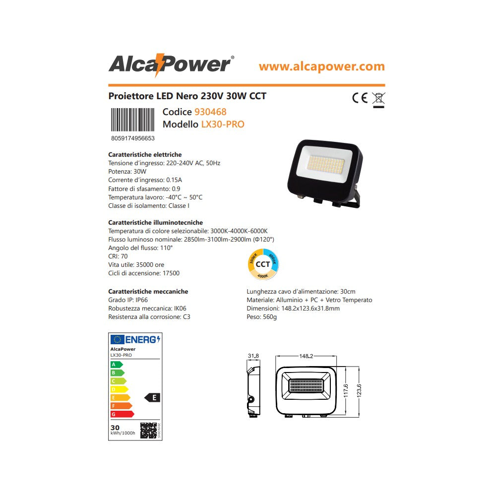 Alca power lx30-pro proiettore led da 30w a 220-240v temperatura di colore e flusso luminoso regolabile