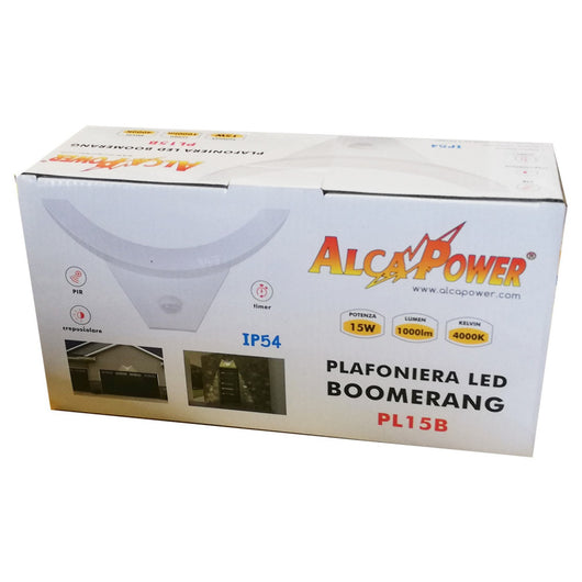 Alca power plafoniera a led da 15w ip54 a boomerang + sensore - per esterni ed interni
