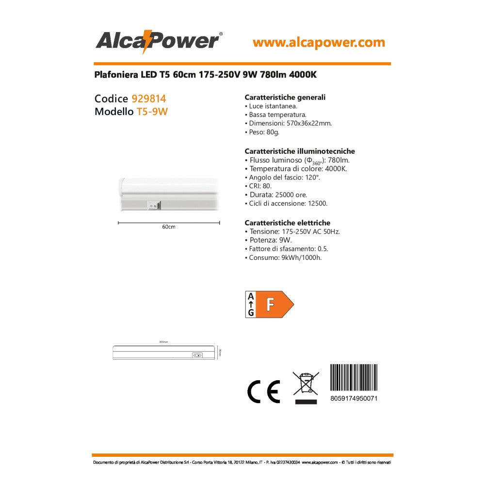 Alca power t5 da 60cm 9w 220v 780lm 4000k plafoniera reglette a led
