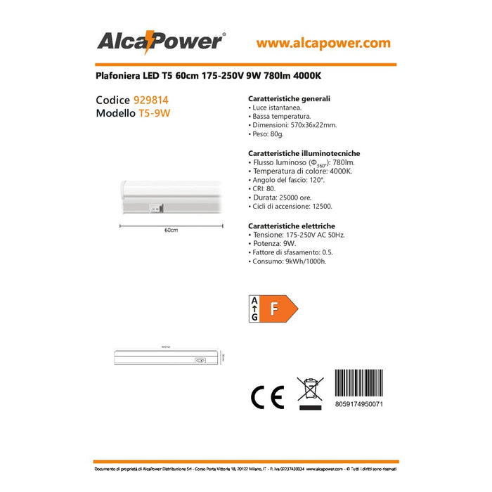 Alca power t5 da 60cm 9w 220v 780lm 4000k plafoniera reglette a led
