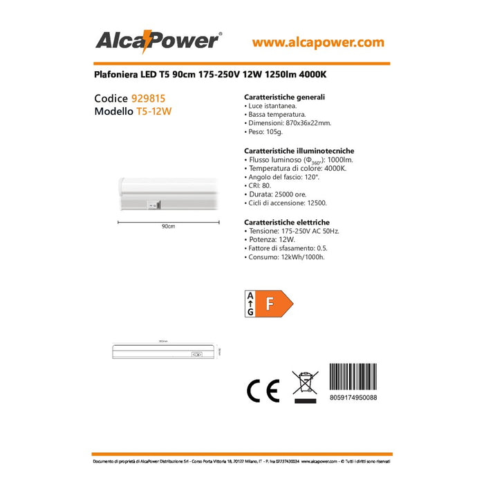Alca power t5 da 90cm 12w 220v 1000lm 4000k plafoniera reglette a led