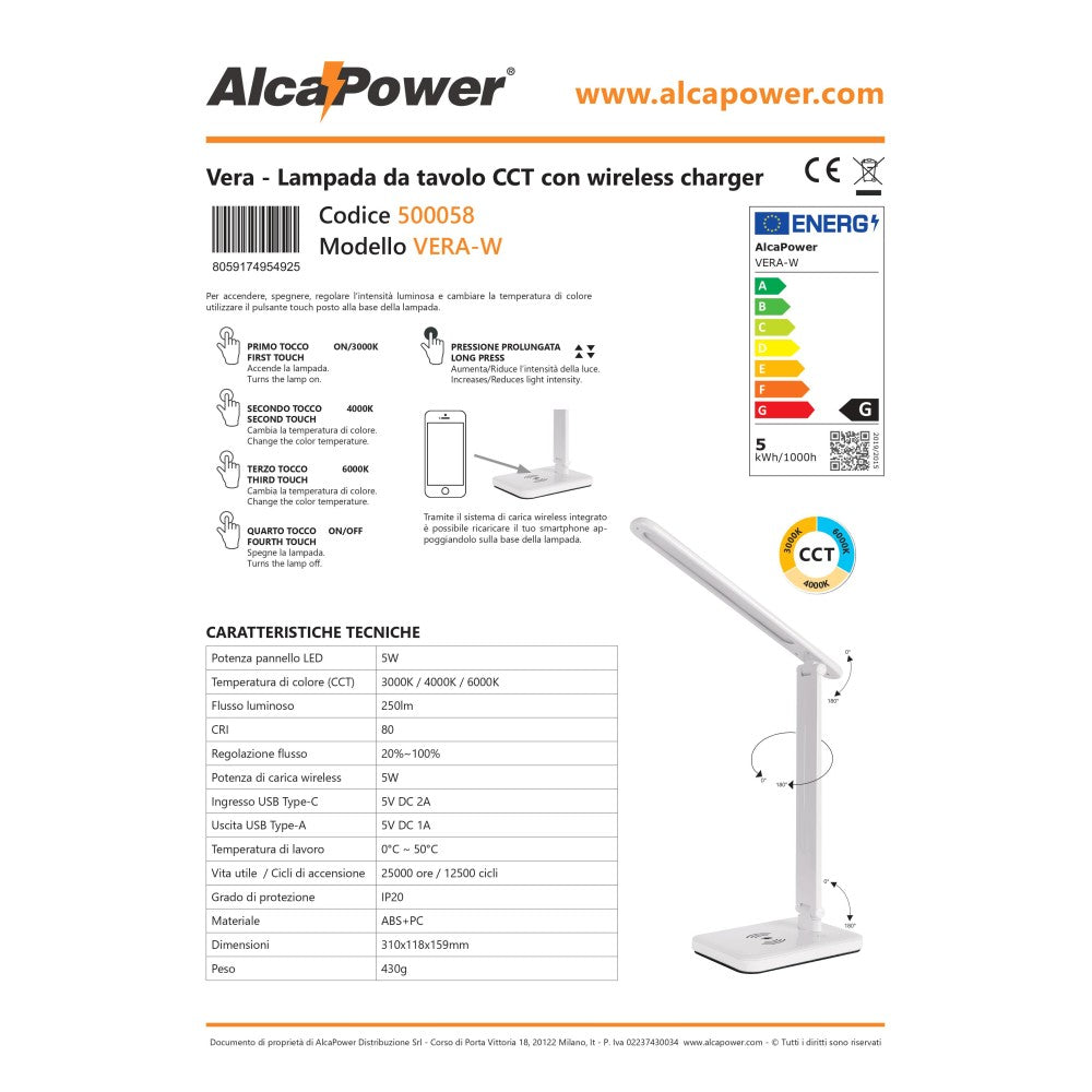 Alca power vera lampada da tavolo 5w 250lm con caricatore wireless per smartphone