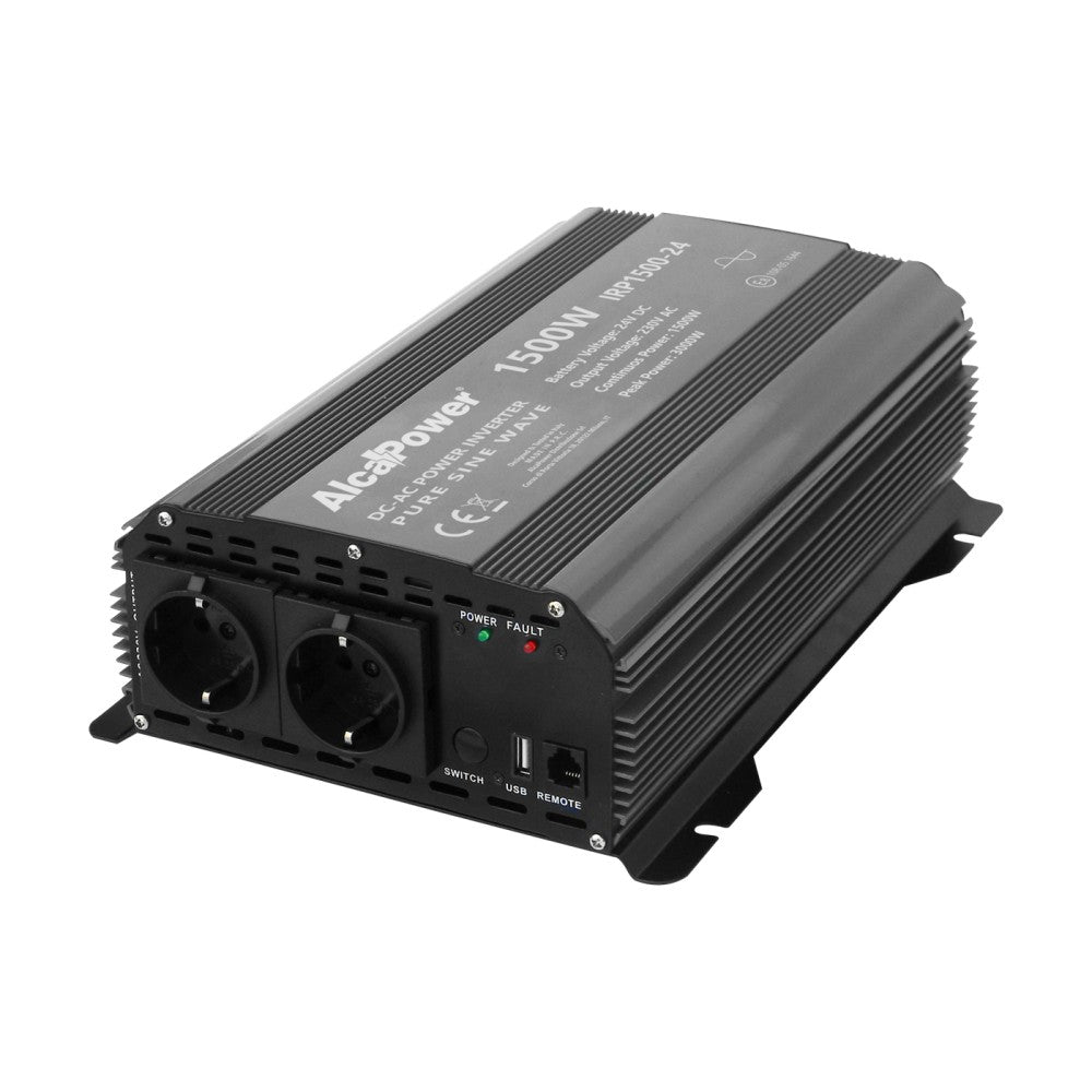 Alcapower - Inverter 1500W Onda Sinusoidale Pura 24V (Picco 3000W), Doppia Presa Schuko e USB, Per Camion, Autobus e Baite Solari