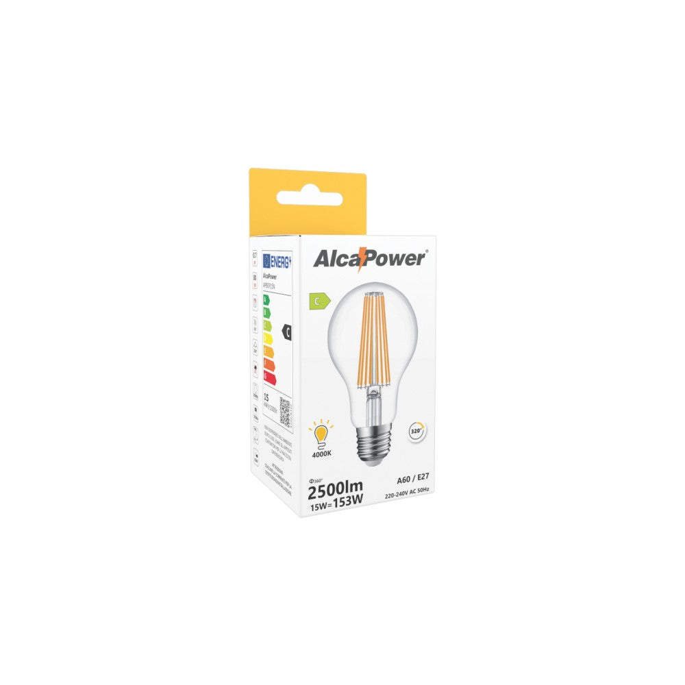 Alcapower - Lampadina LED E27 A60 15W 2500lm, Angolo 320°, Classe Energetica C, Ø60mm, Luce Istantanea, Lunga Durata - 4000K