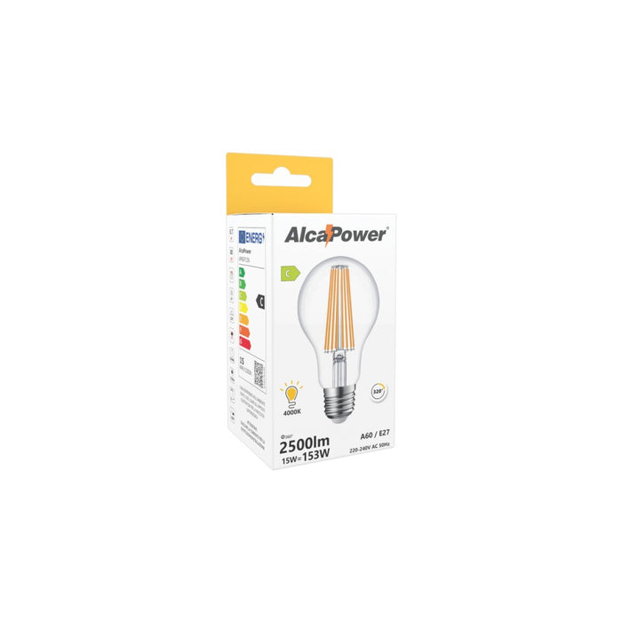Alcapower - Lampadina LED E27 A60 15W 2500lm, Angolo 320°, Classe Energetica C, Ø60mm, Luce Istantanea, Lunga Durata - 4000K