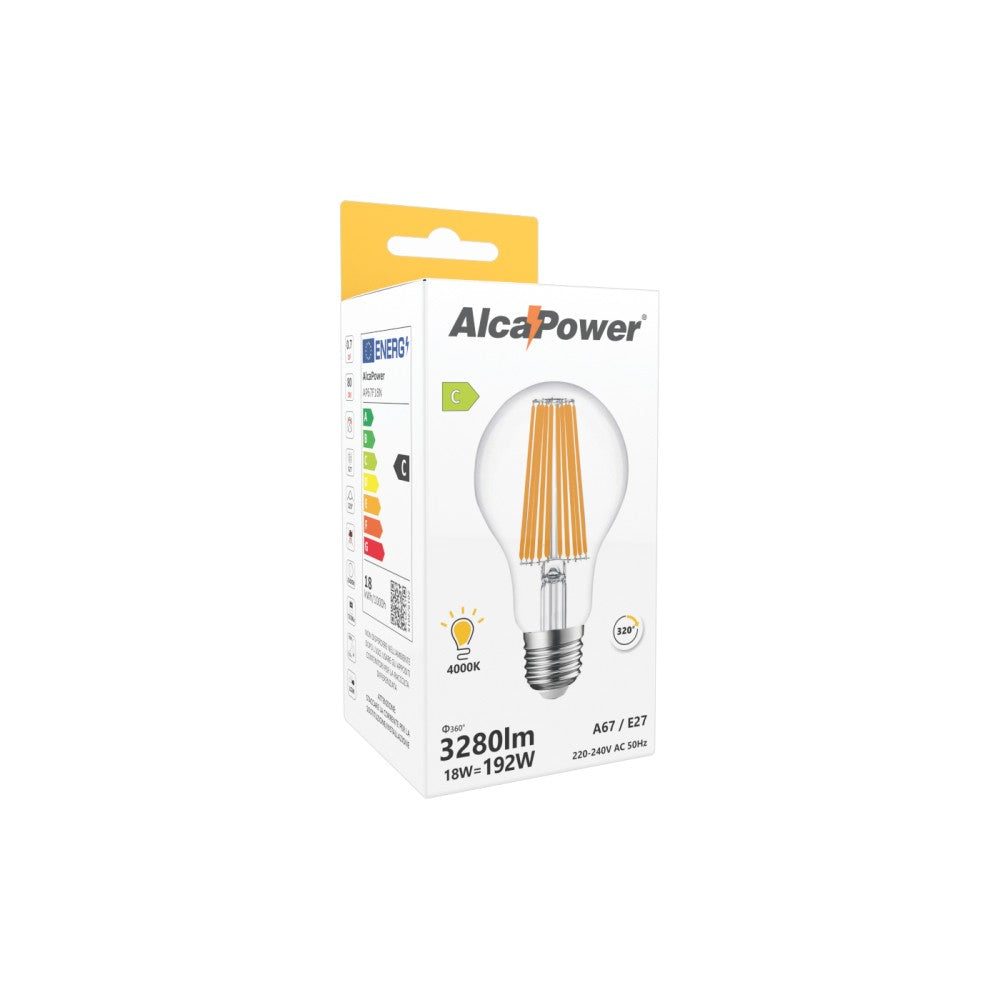 Alcapower - Lampadina LED E27 A67 18W 3280lm, Angolo 320°, Classe Energetica C, Ø67mm, Luce Istantanea, Lunga Durata - 4000K