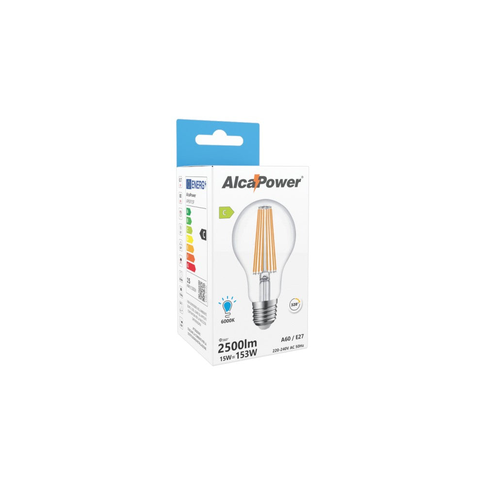 Alcapower - Lampadina LED E27 A60 15W 2500lm, Angolo 320°, Classe Energetica C, Ø60mm, Luce Istantanea, Lunga Durata - 6000K