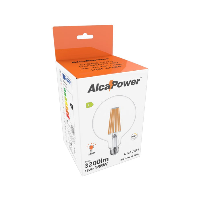 Alcapower - Lampadina LED E27 G125 18W 3200lm, Angolo 320°, Classe Energetica C, Ø125mm, Luce Istantanea, Lunga Durata - 3000K
