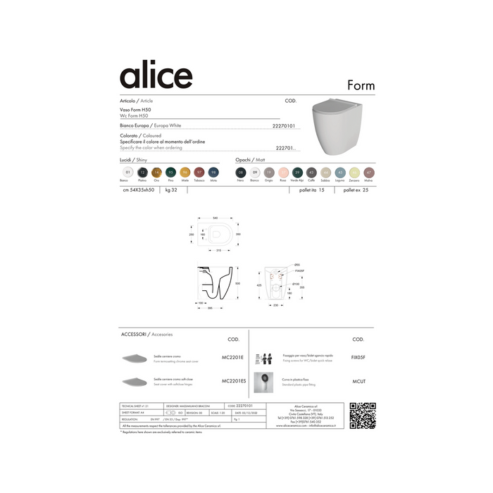 Coppia Di Sanitari Alice Ceramica Da Terra Filo Muro Senza Brida Bianco Lucido "Form"