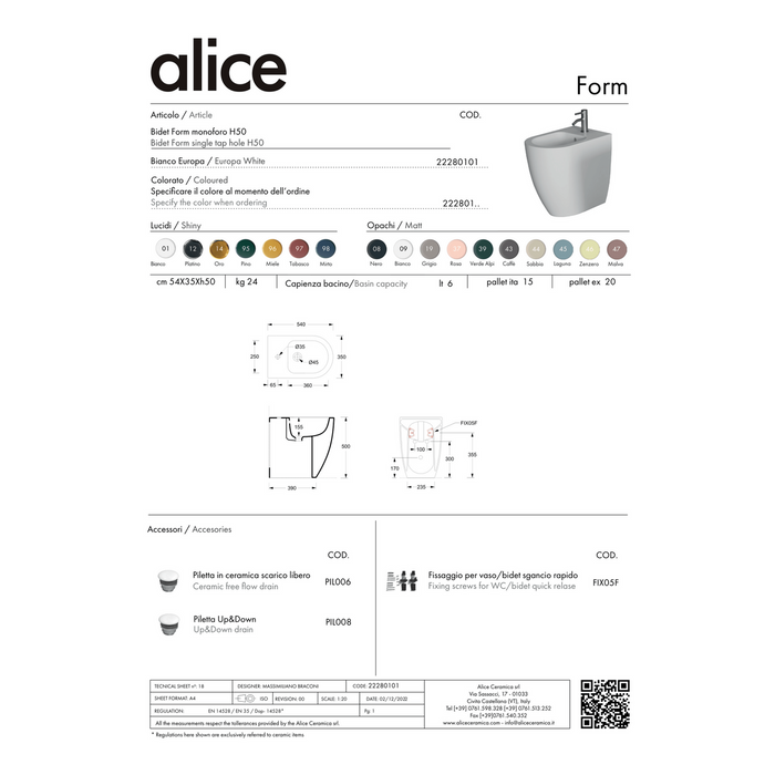 Coppia Di Sanitari Alice Ceramica Da Terra Filo Muro Senza Brida Bianco Lucido "Form"