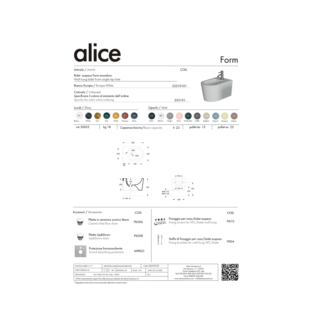 Coppia Di Sanitari Alice Ceramica Sospeso Senza Brida Bianco Lucido "Form"