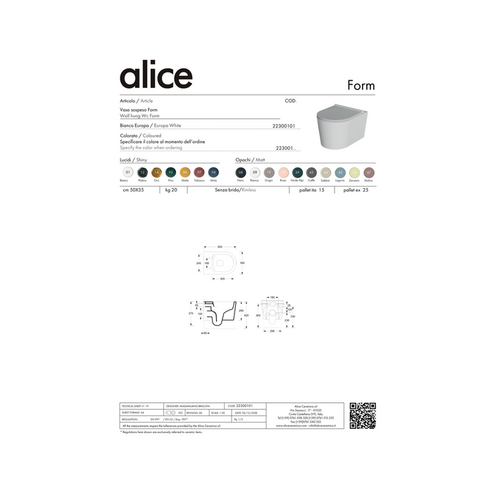 Coppia Di Sanitari Alice Ceramica Sospeso Senza Brida Bianco Lucido "Form"