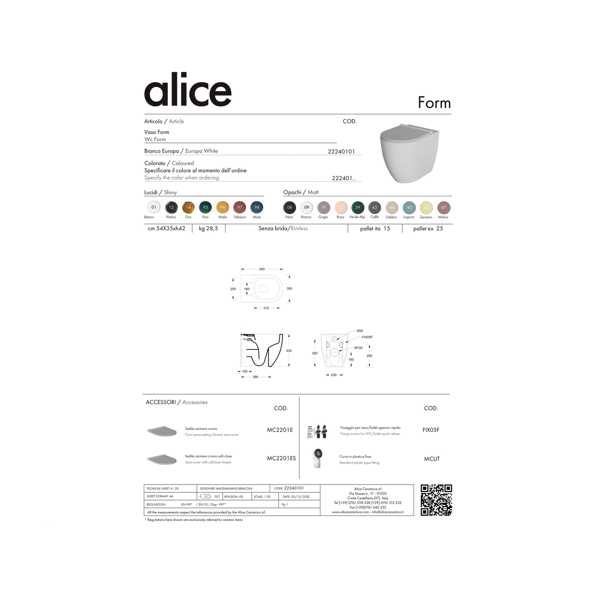 Wc a Terra Senza Brida Alice Ceramica "Form" Bianco Lucido