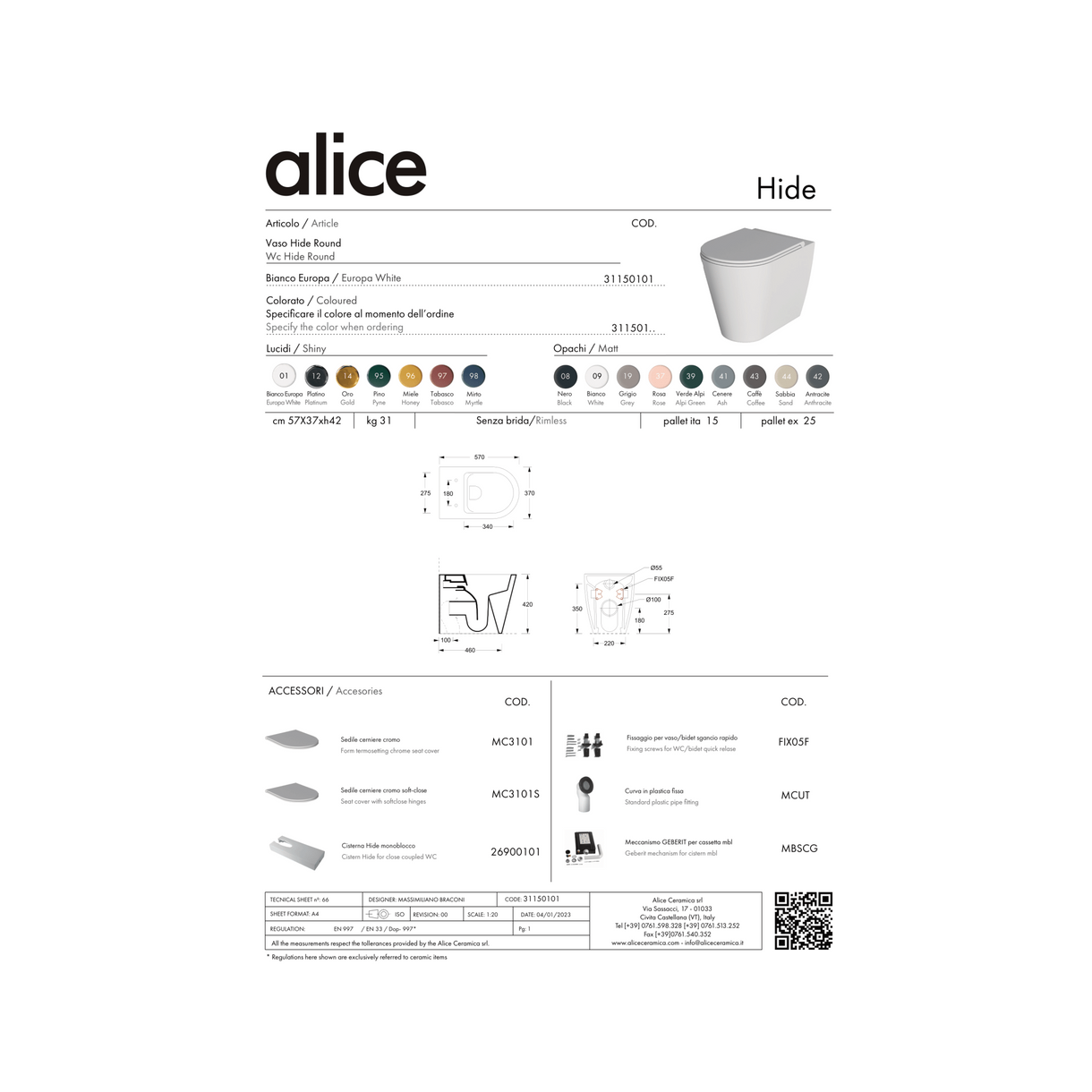 Coppia Di Sanitari Da Terra Alice Ceramica Filo Muro Senza Brida Bianco Opaco "Hide Round"