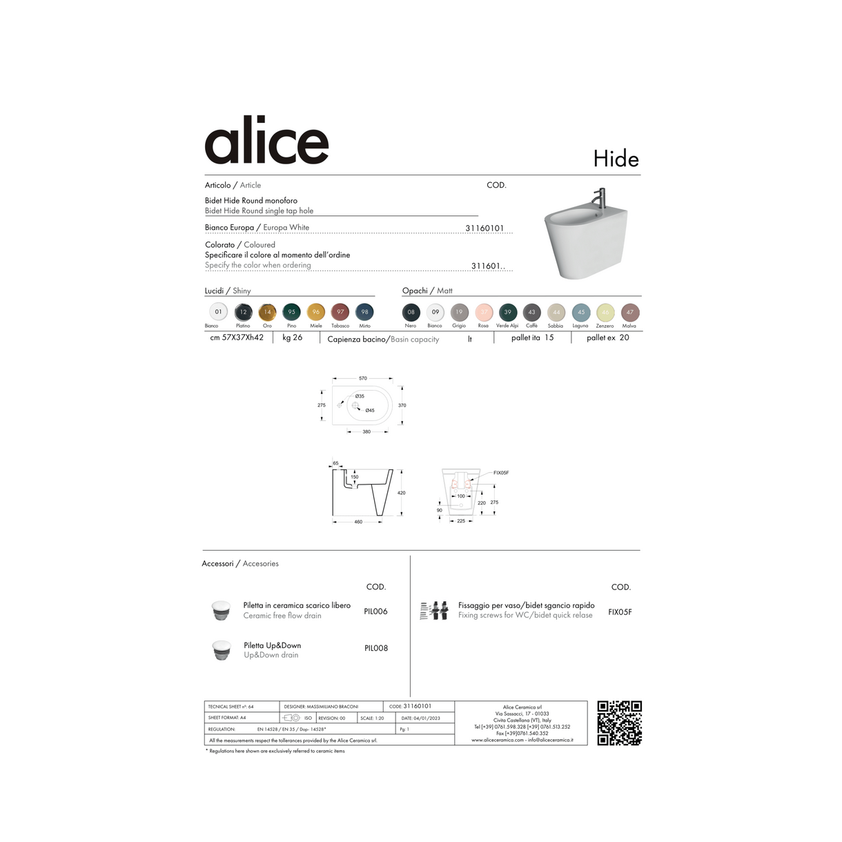 Coppia Di Sanitari Da Terra Alice Ceramica Filo Muro Senza Brida Bianco Opaco "Hide Round"