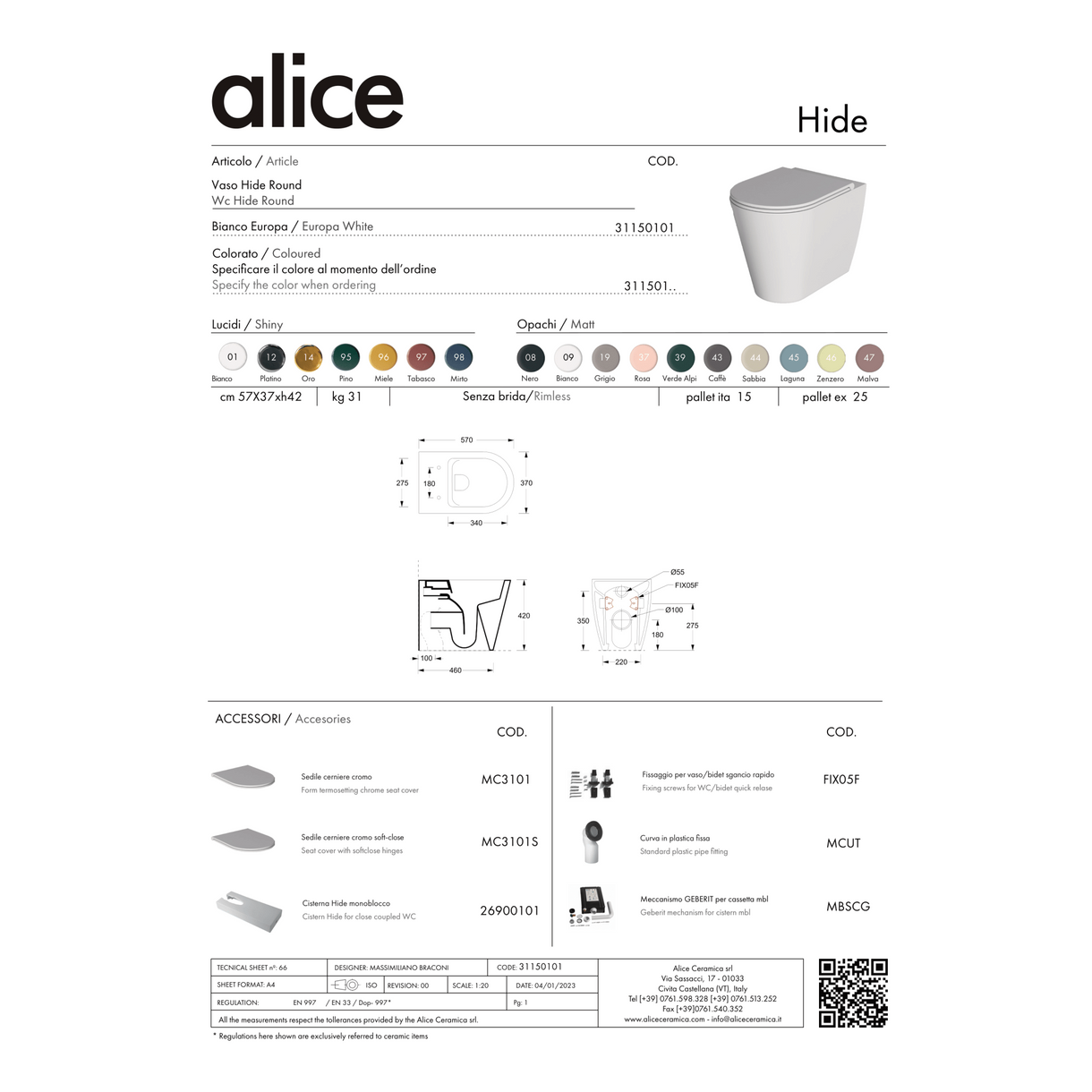 Coppia Di Sanitari Da Terra Alice Ceramica Filo Muro Senza Brida Bianco Lucido "Hide Round"