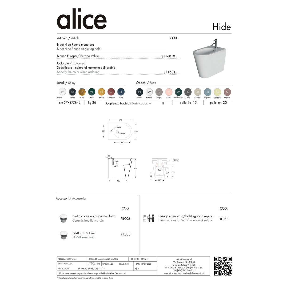 Coppia Di Sanitari Da Terra Alice Ceramica Filo Muro Senza Brida Bianco Lucido "Hide Round"