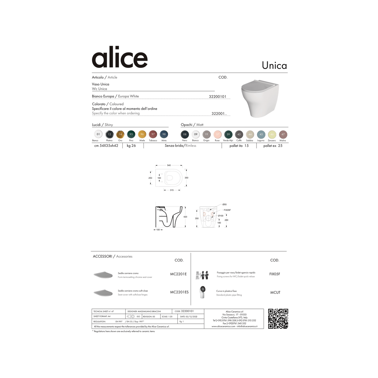 Coppia Di Sanitari Alice Ceramica Da Terra Filo Muro Senza Brida Bianco Opaco "Unica"