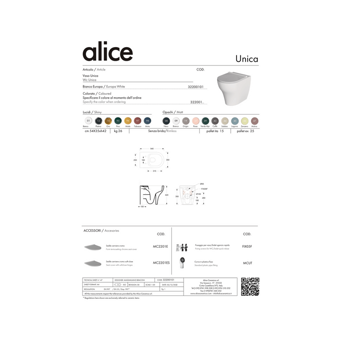 Coppia Di Sanitari Alice Ceramica Da Terra Filo Muro Senza Brida Bianco Opaco "Unica"