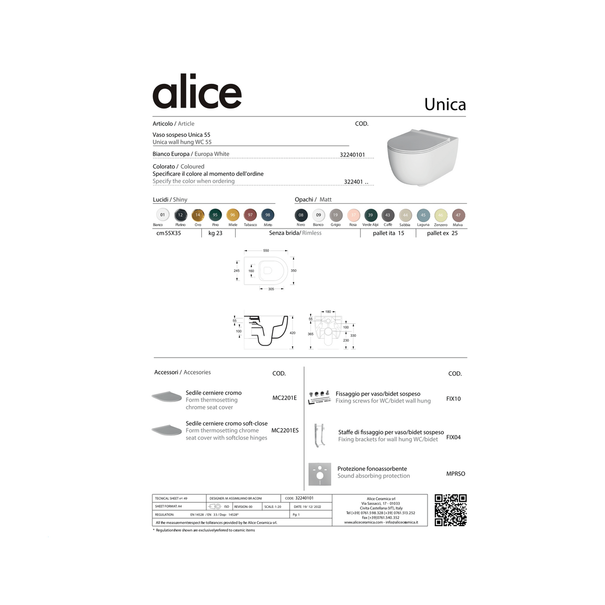 Wc Sospeso Senza Brida Alice Ceramica "Unica 55" Bianco Lucido