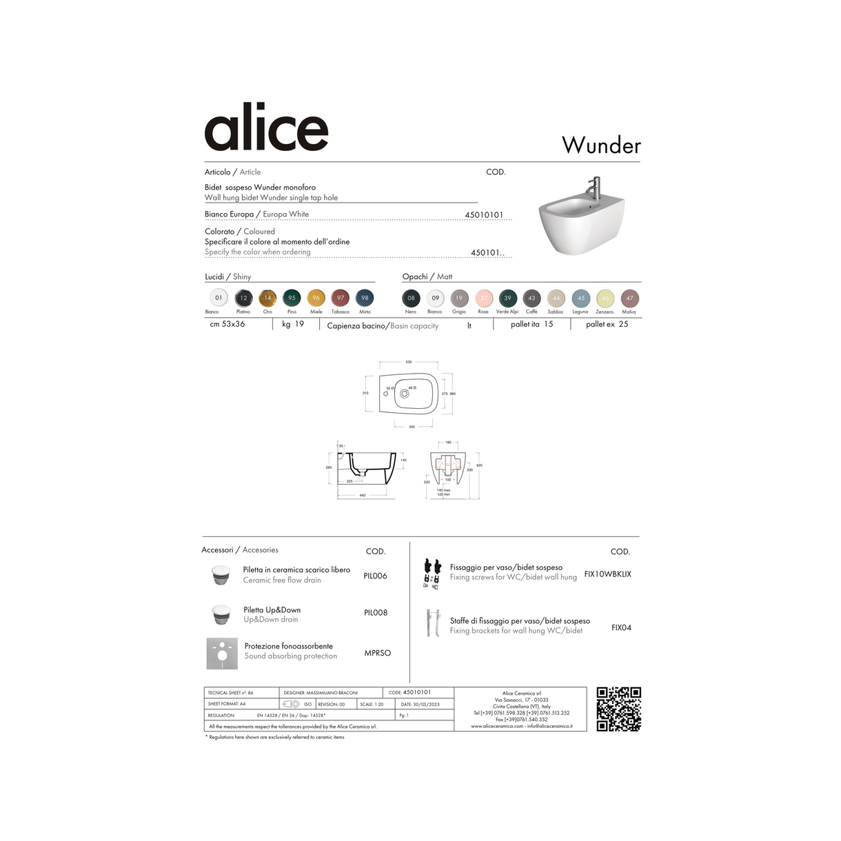 Coppia Di Sanitari Alice Ceramica Sospesi Senza Brida Bianco Lucido "Wunder"