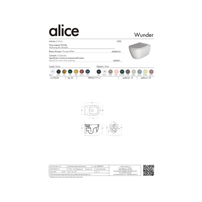 Coppia Di Sanitari Alice Ceramica Sospesi Senza Brida Bianco Lucido "Wunder"