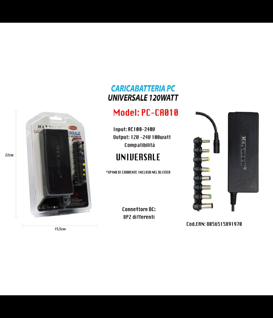 Alimentatore Caricabatteria Pc Universale Per Notebook 120watt Maxtech Pc-ca010         