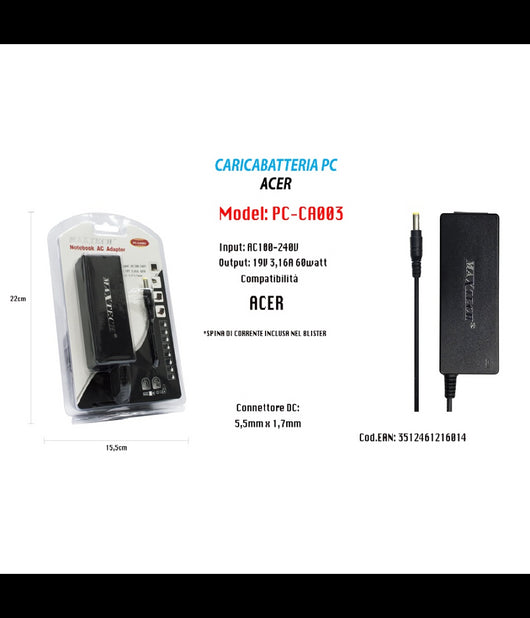 Alimentatore Caricabatteria Per Pc Notebook Acer 19v 3,16a 60w Maxtech Pc-ca003         