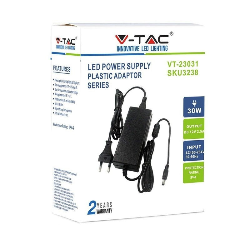 Alimentatore LED Power Supply - 30W 12V 2.5A Plastic IP44 - V-TAC
