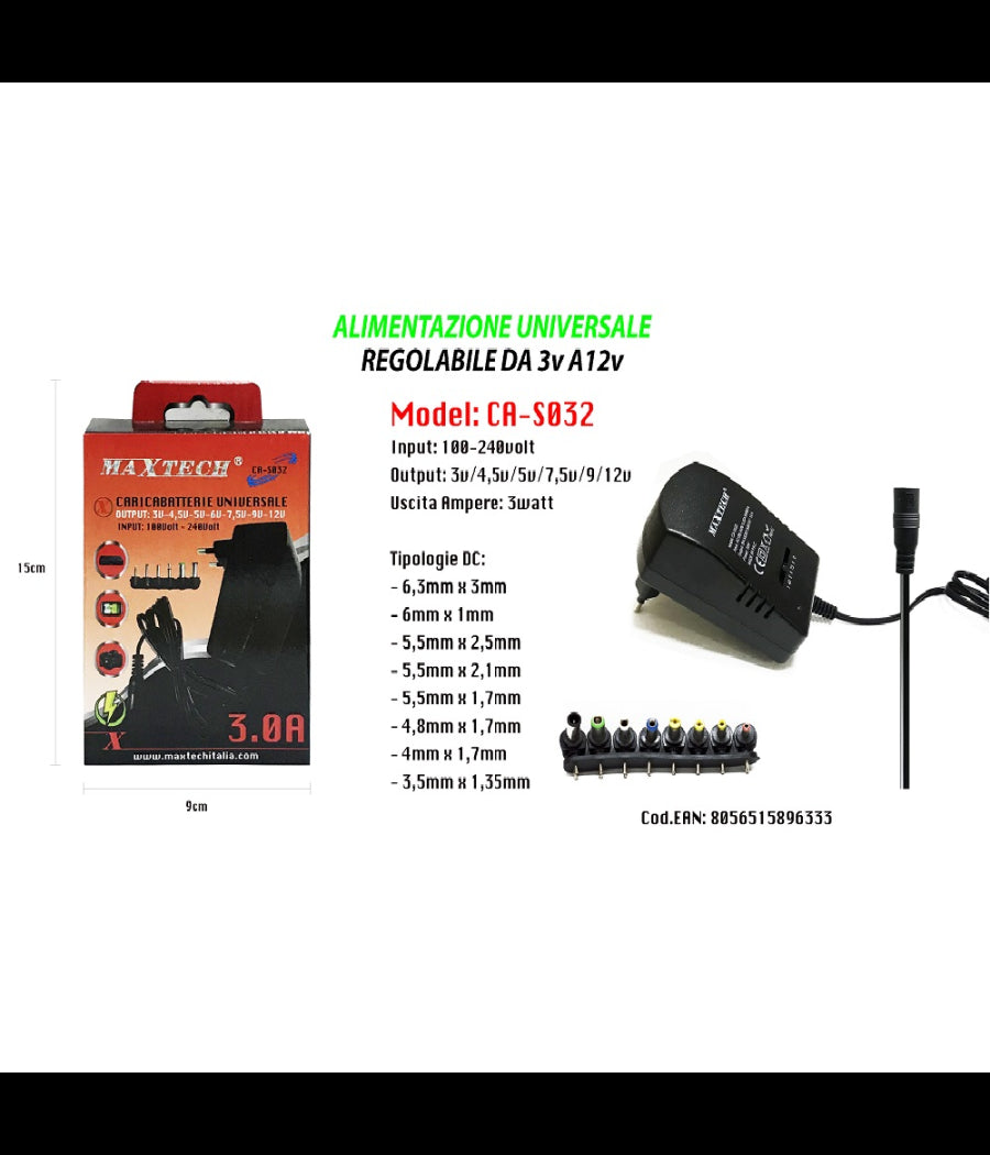 Alimentatore Universale 8 Adattatori Switch 3-12v Pc Notebook Fotocamera Maxtech Ca-s032         