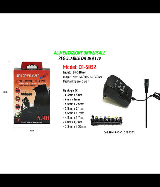 Alimentatore Universale 8 Adattatori Switch 3-12v Pc Notebook Fotocamera Maxtech Ca-s032         