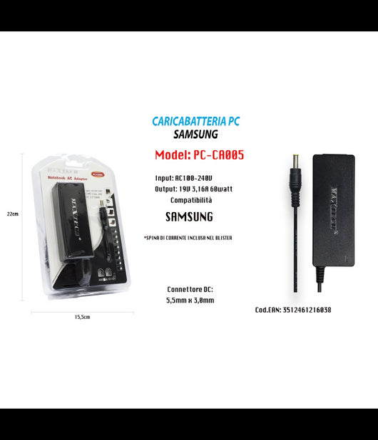 Alimentazione Caricabatteria Universale Pc Samsung Notebook 19v 3,16a 60w Pc-ca005         