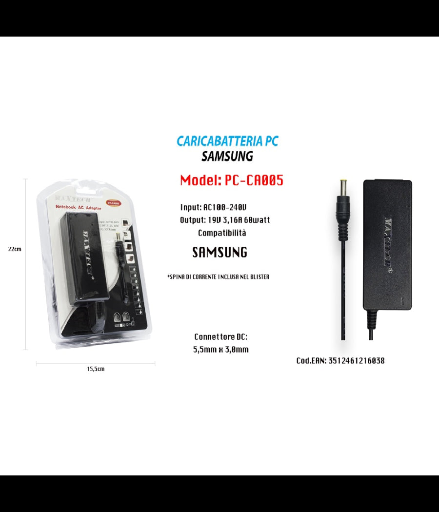 Alimentazione Caricabatteria Universale Pc Samsung Notebook 19v 3,16a 60w Pc-ca005         