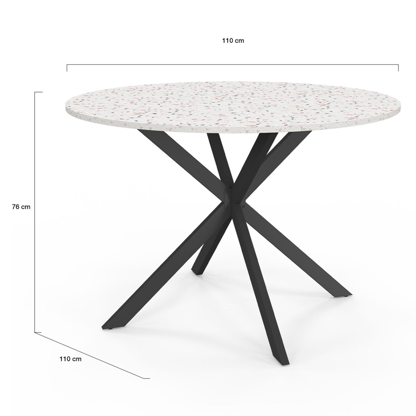 IDMarket - ALIX Tavolo da pranzo rotondo per 6 persone con gamba a ragno nera e piano effetto terrazzo SIMONE 110 cm