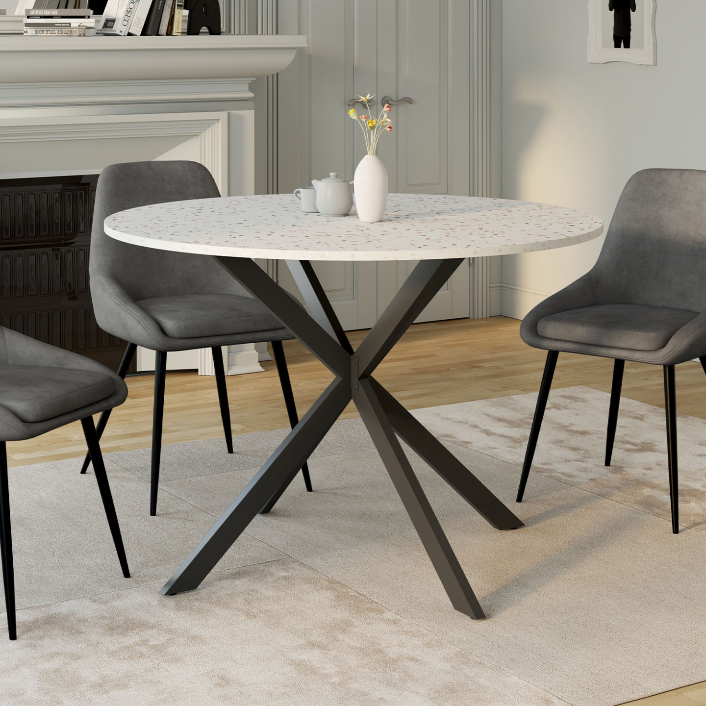 IDMarket - ALIX Tavolo da pranzo rotondo per 6 persone con gamba a ragno nera e piano effetto terrazzo SIMONE 110 cm
