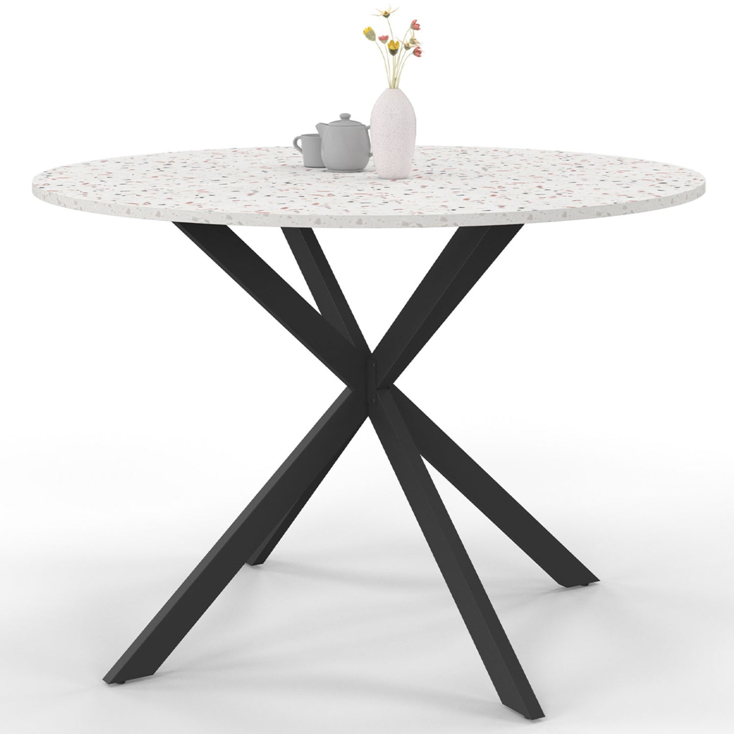IDMarket - ALIX Tavolo da pranzo rotondo per 6 persone con gamba a ragno nera e piano effetto terrazzo SIMONE 110 cm