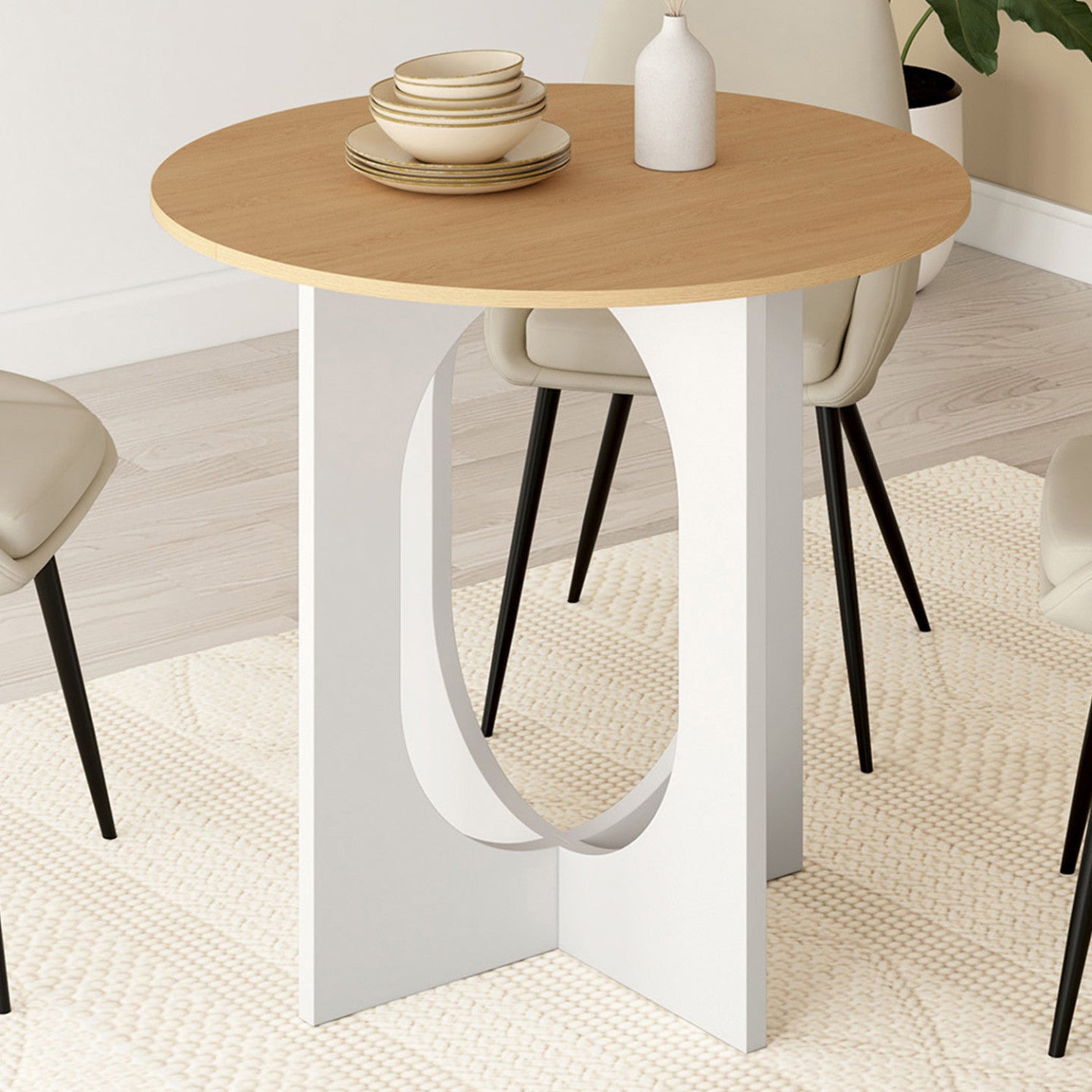 IDMarket - ALOISE Tavolo da pranzo fisso rotondo per 4 persone con gamba ad arco bianco e legno 80 cm