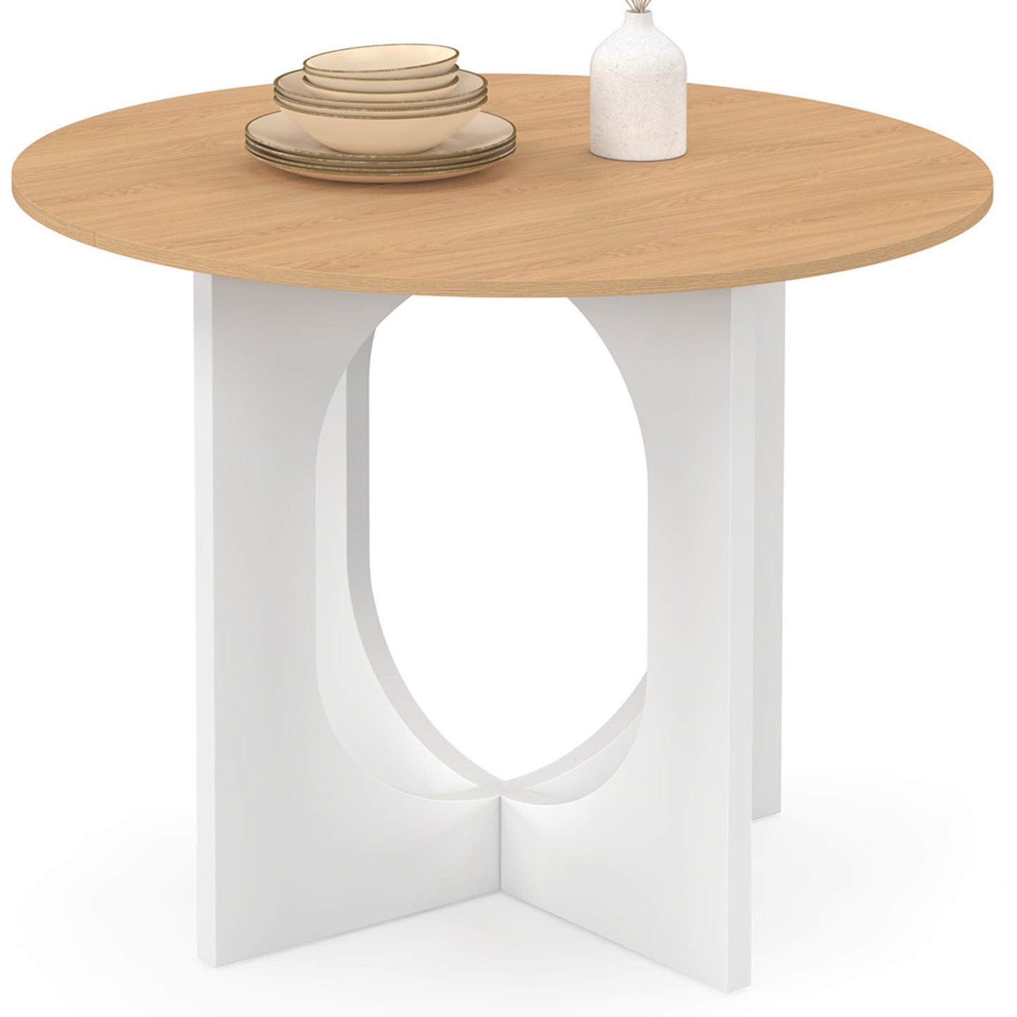 IDMarket - ALOISE Tavolo da pranzo fisso rotondo per 4 persone con gamba ad arco bianco e legno 80 cm