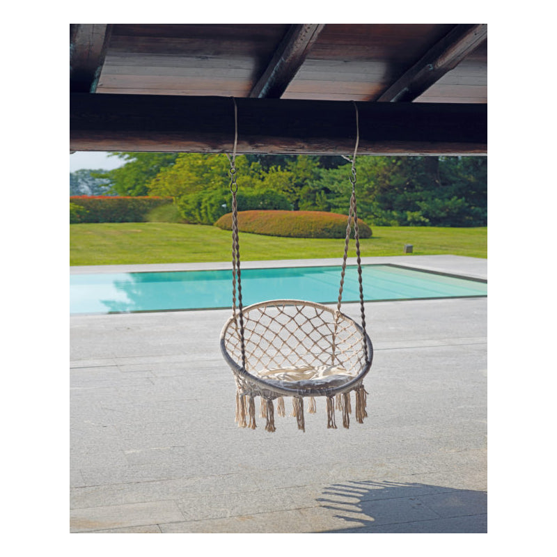 Altalena in corda e cuscino MOIA in color naturale con seduta con frange