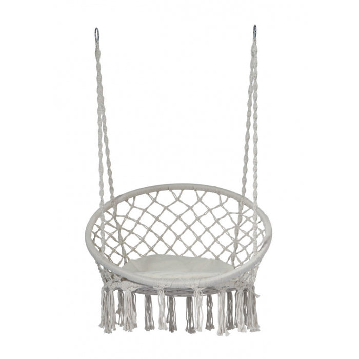 Altalena in corda e cuscino MOIA in color naturale con seduta con frange