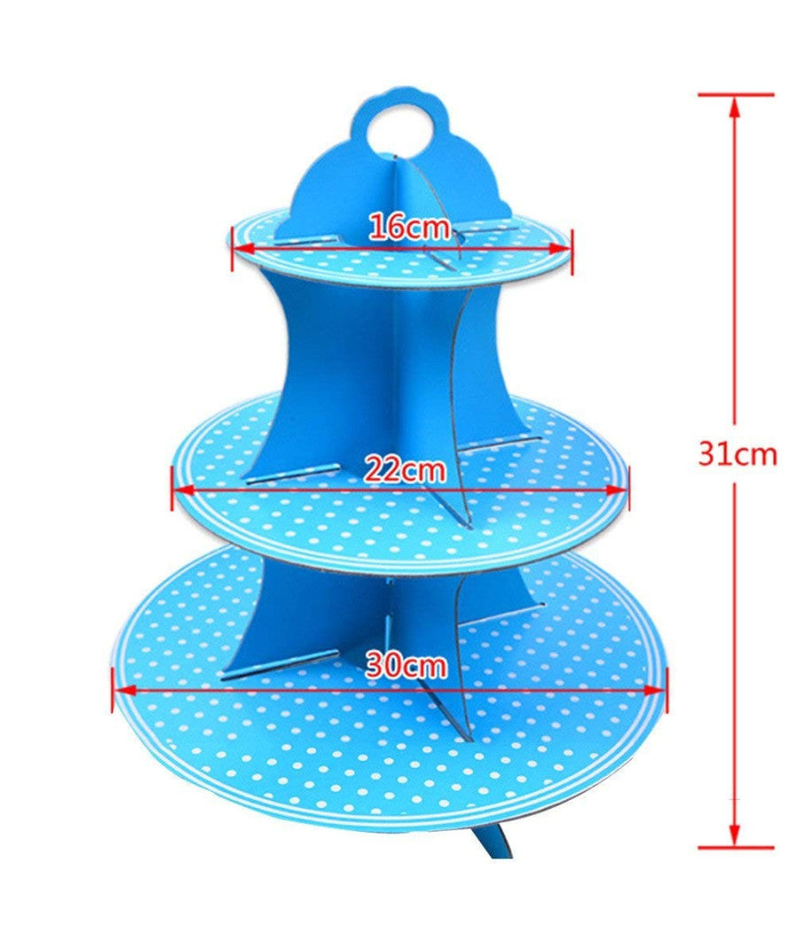 Alzatina In Cartone Porta Torta Dolci Cupcake 3 Ripiani Azzurro Con Pois Bianchi         