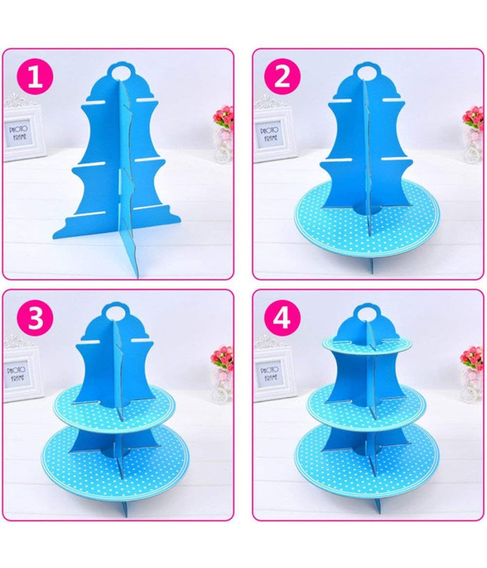 Alzatina In Cartone Porta Torta Dolci Cupcake 3 Ripiani Azzurro Con Pois Bianchi         