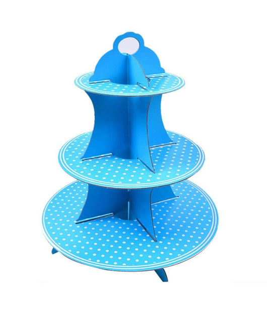 Alzatina In Cartone Porta Torta Dolci Cupcake 3 Ripiani Azzurro Con Pois Bianchi         